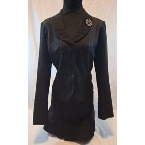 Ruby Rox Y2K Black Pinstripe Skirt Suit Size 5 Rhinestone Brooch 2 Piece